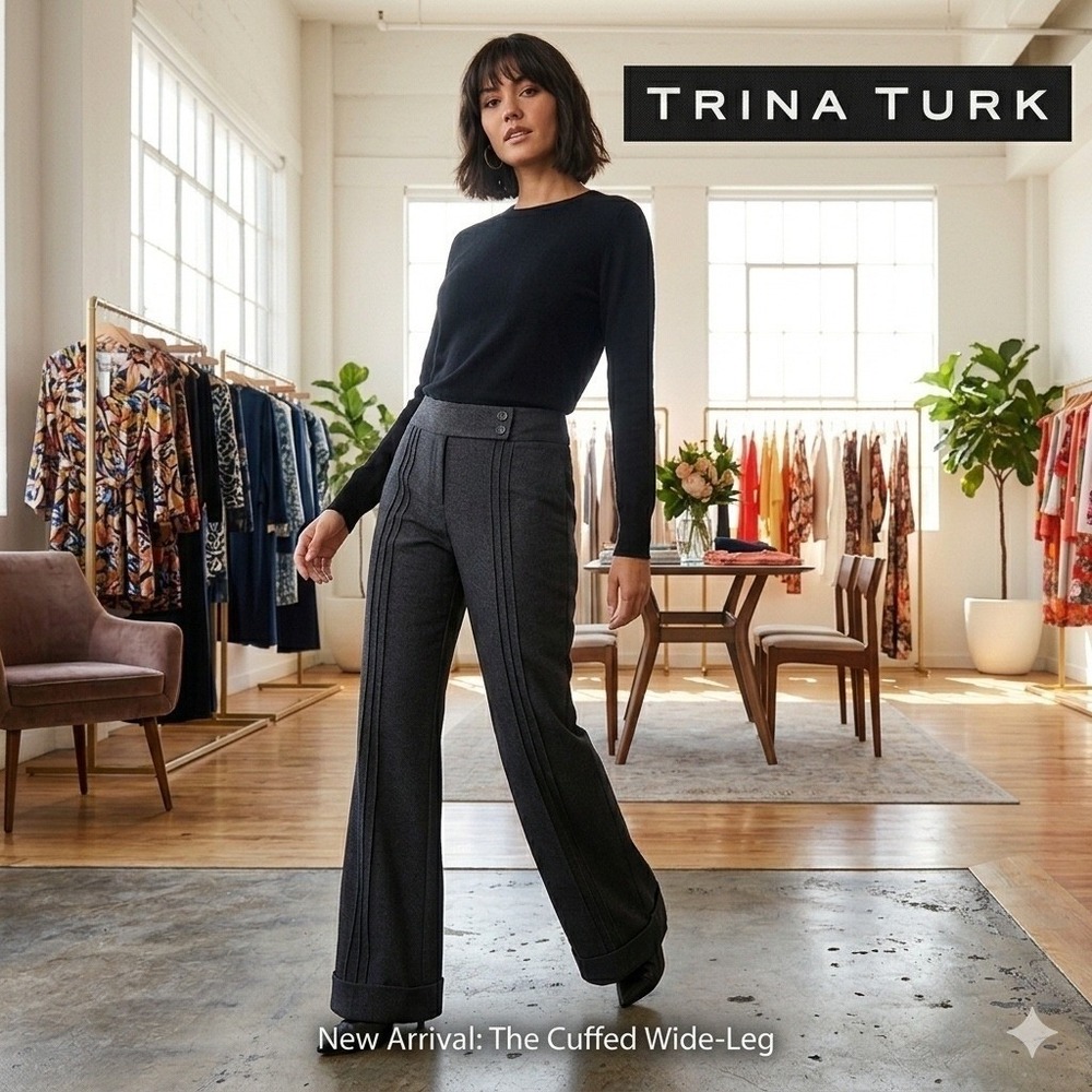 Trina Turk EUC Gray Pleated Wide Leg Trousers Cuffed Hem Pants Career Workwear 4